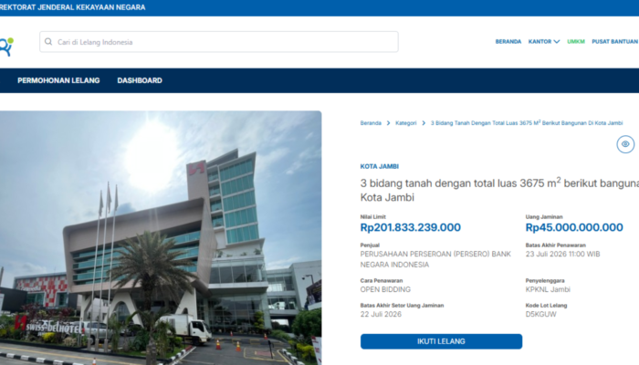 Swiss-Belhotel Jambi Masuk Daftar Lelang Negara, Aset Bernilai Rp201,8 Miliar Dijual Melalui KPKNL